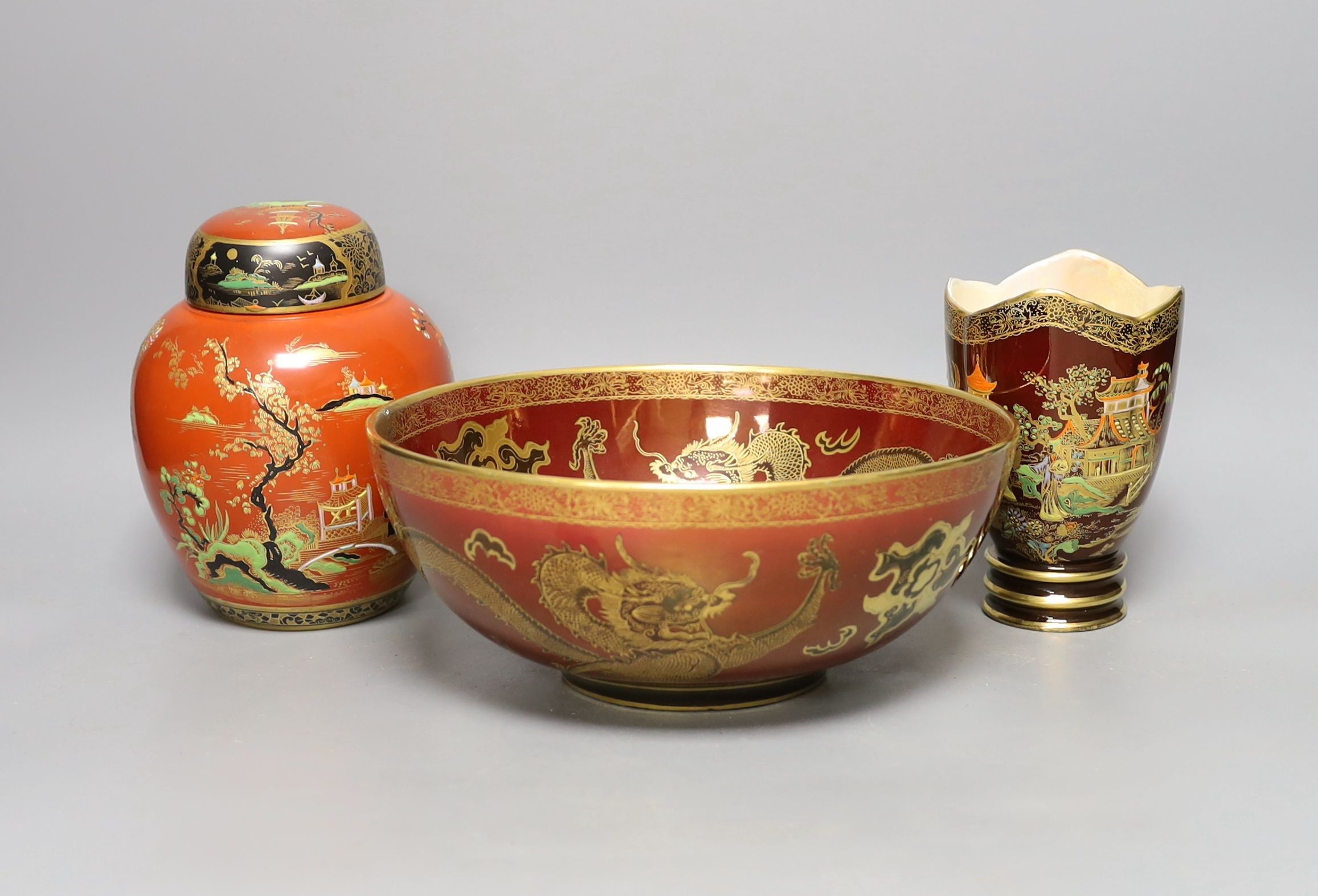 Carlton ware chinoiserie lustre red ground dragon bowl, Rouge Royale vase and similar jar and cover (3) bowl diameter 23.5cm